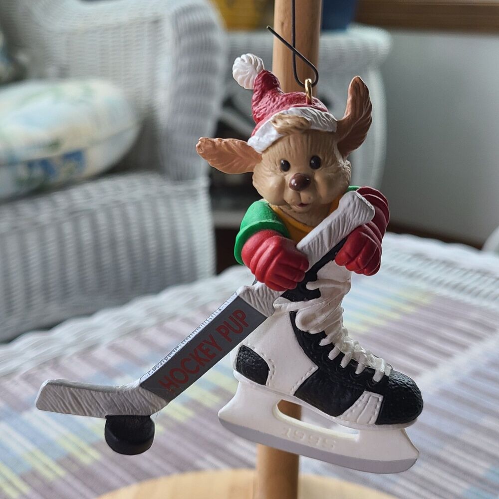 Vintage Hallmark Keepsake Ornament Hockey Pup Dog Skating Hockey Stick 1995